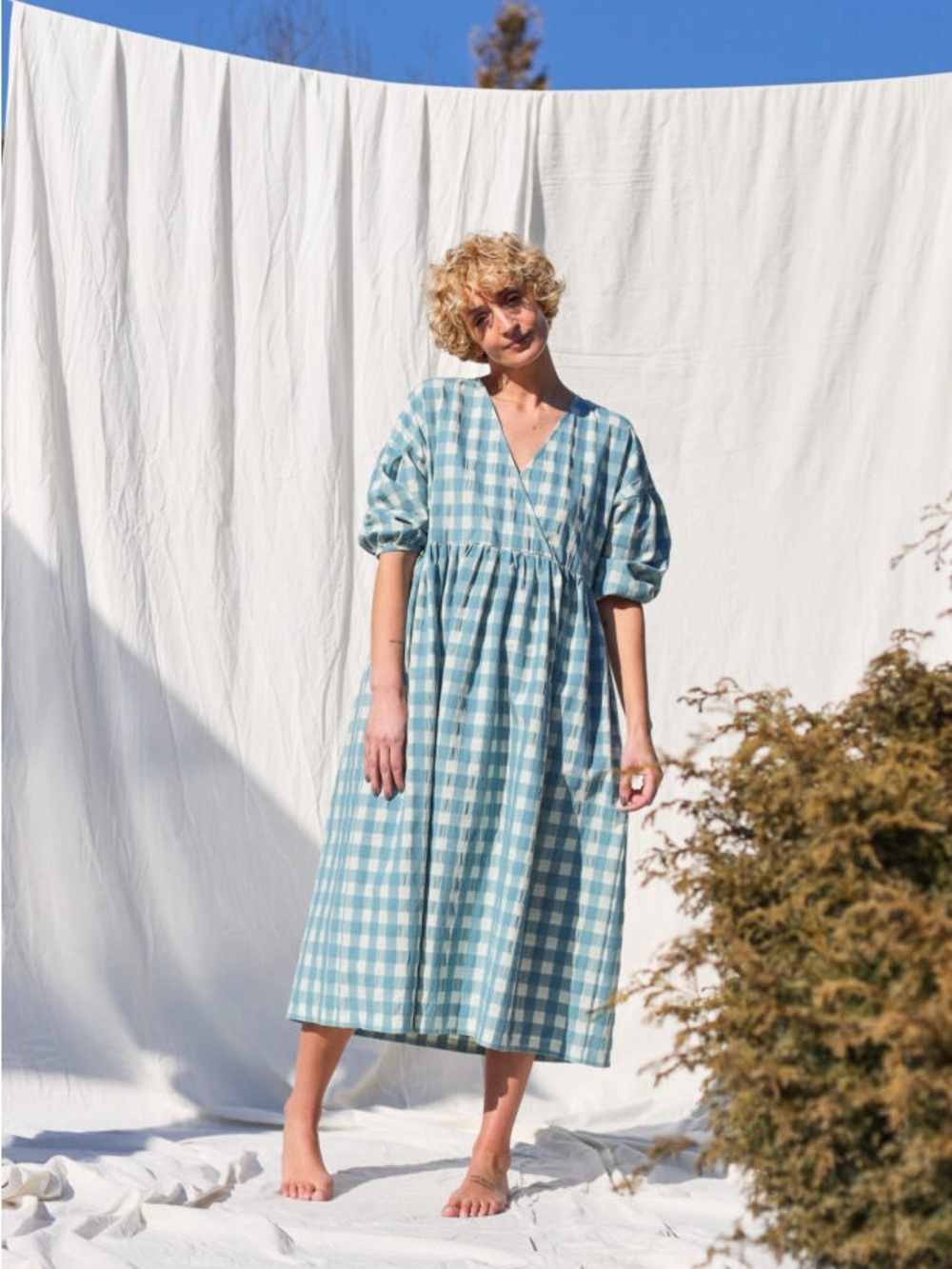Off On | NEW Mint Seersucker Checks V-Neckline Dress XXL